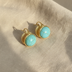 Turquoise Drop Earrings Vintage Geometric Gold-Tone Leverback Oval Stone Jewelry