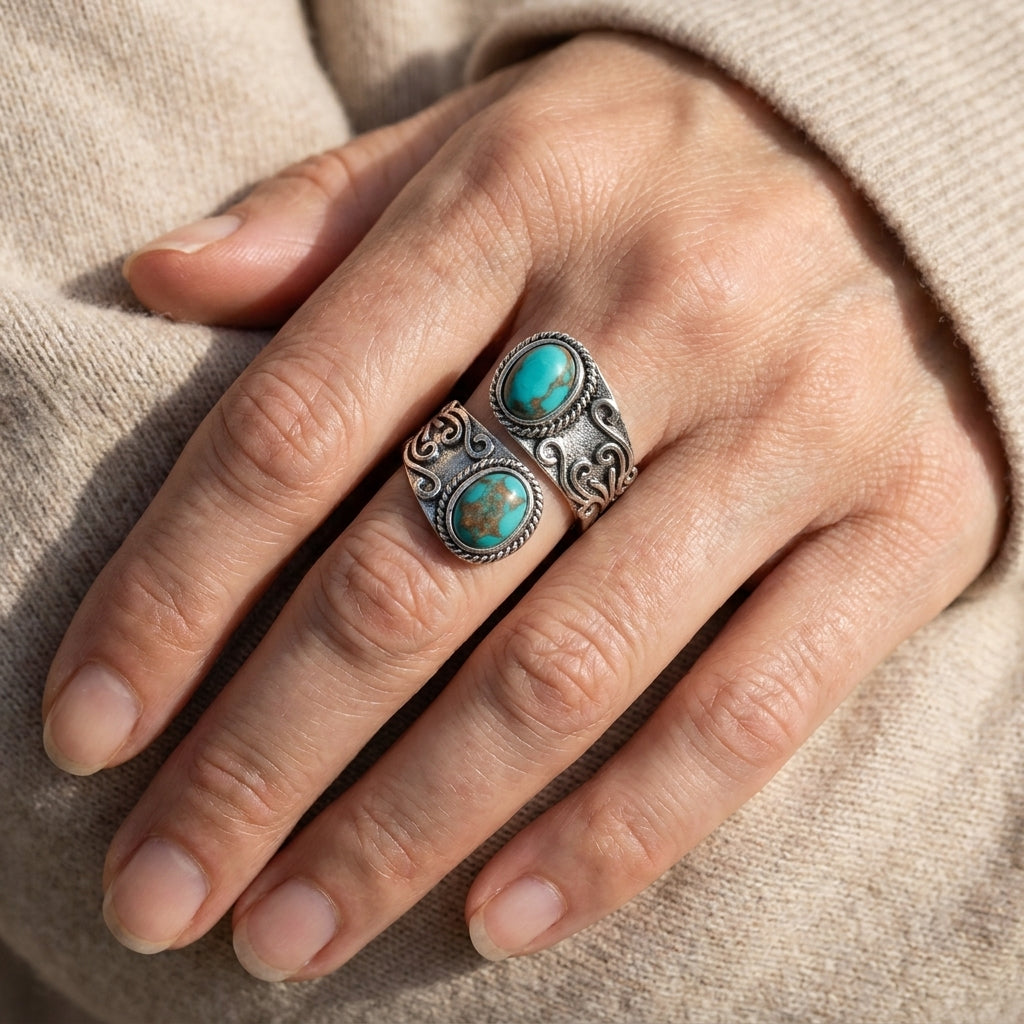 Two-Stone Oval Turquoise Wrap Ring in Sterling Silver with Scrollwork Filigree