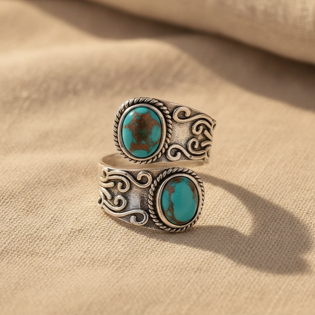 Two-Stone Oval Turquoise Wrap Ring in Sterling Silver with Scrollwork Filigree