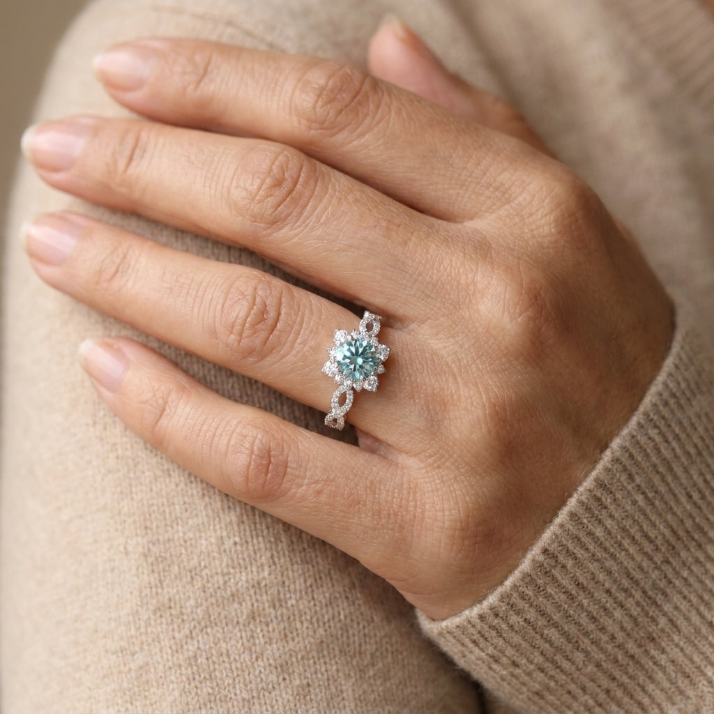 Teal Gemstone Halo Cocktail Ring with Floral Band Detail