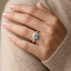 Teal Gemstone Halo Cocktail Ring with Floral Band Detail