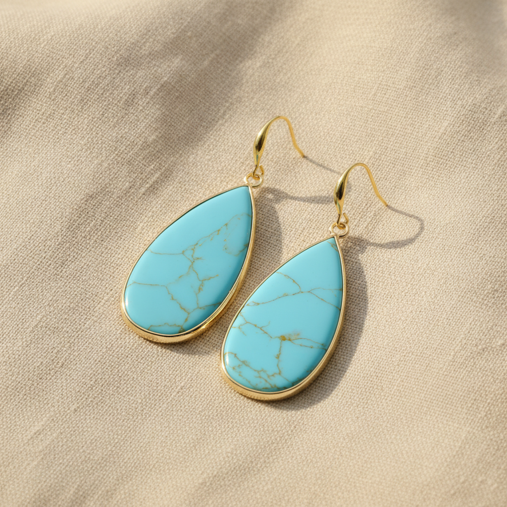 Turquoise Teardrop Dangle Earrings, Mixed Metal Leverback
