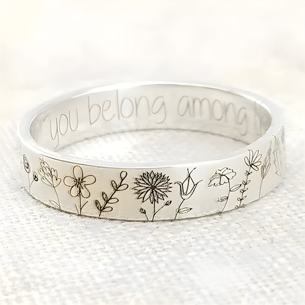 Dandelion Wildflower Engraved Wide Band Ring, Silver Tone