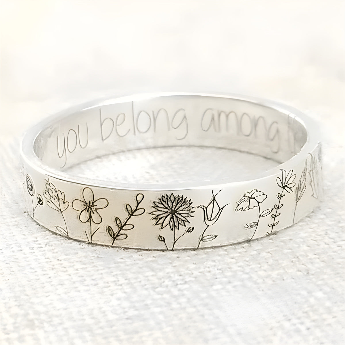Dandelion Wildflower Engraved Wide Band Ring, Silver Tone