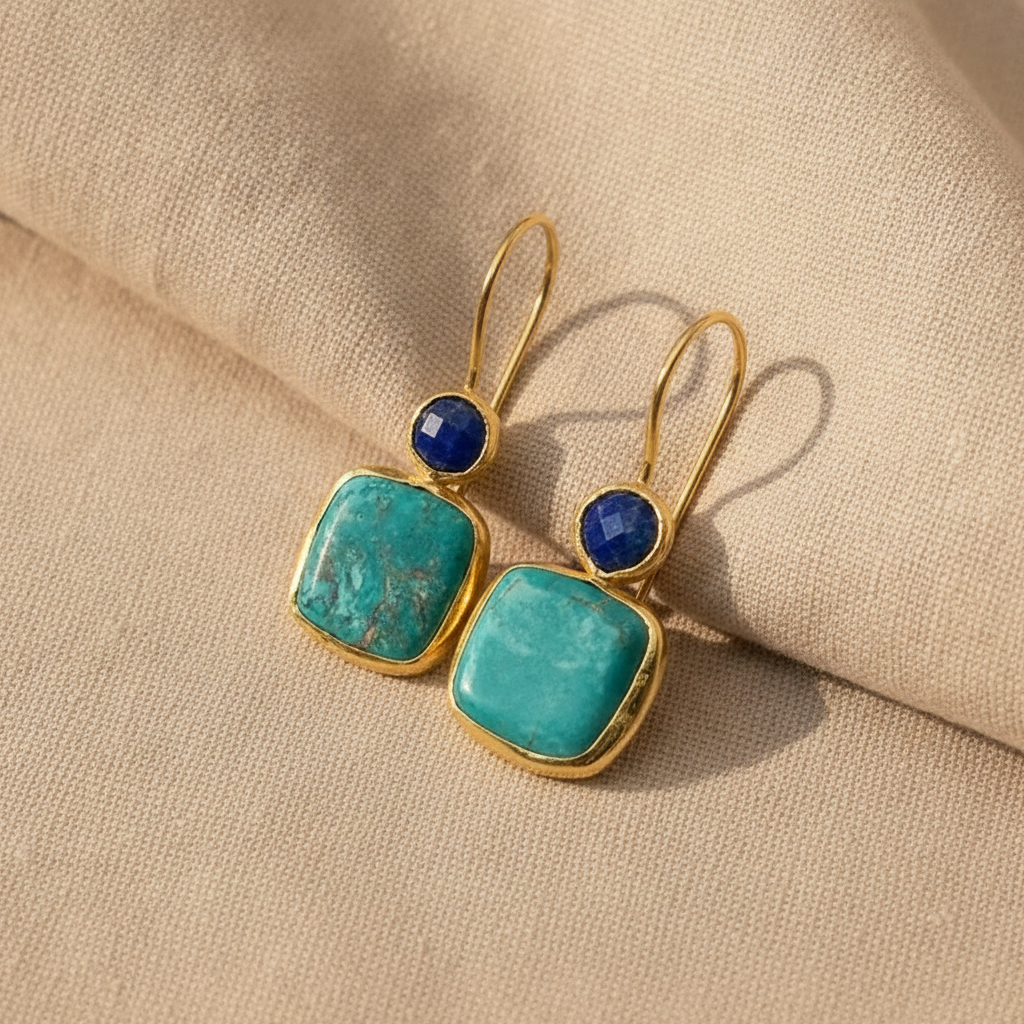 Turquoise Lapis Lazuli Drop Earrings - Gold-Tone Bezel Dangle