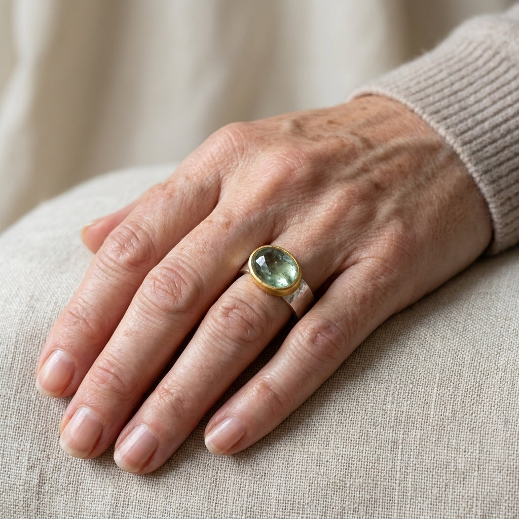 Green Cabochon Cocktail Ring with Silver Band and Gold-Tone Bezel
