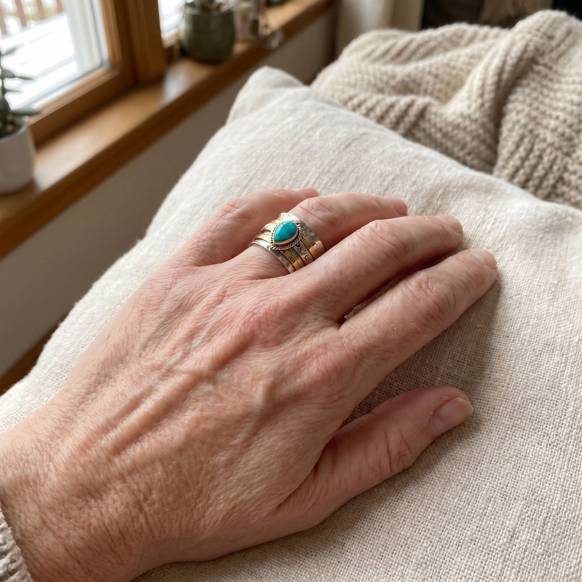 Oval Turquoise Statement Ring with Stacked Silver & Gold Bands