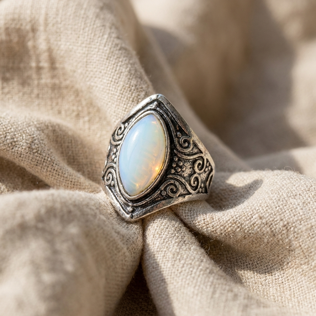 Vintage Teardrop Moonstone Ring with Ornate Silver-Toned Band