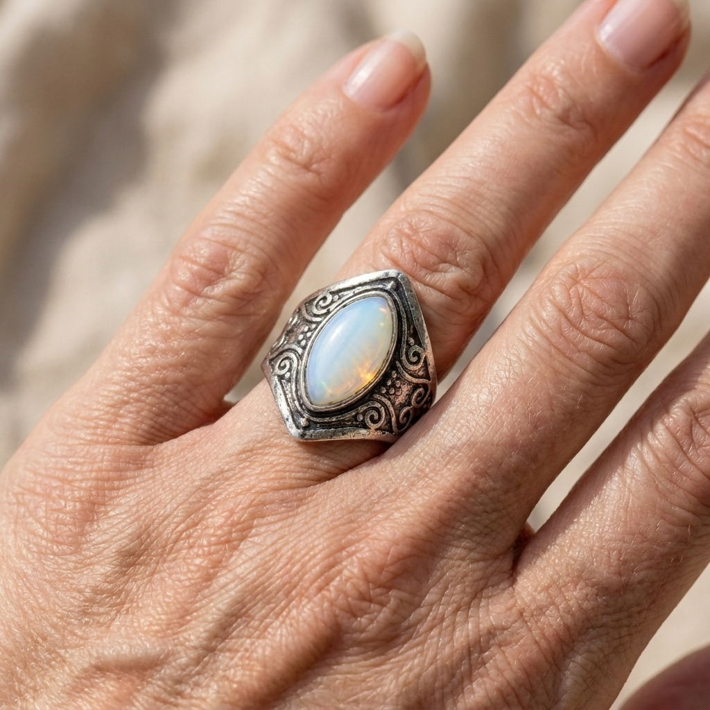 Vintage Teardrop Moonstone Ring with Ornate Silver-Toned Band