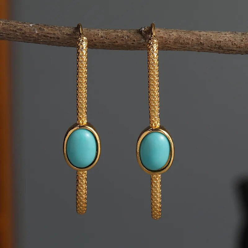 Turquoise Drop Earrings, Gold-Tone Bezel Setting, Textured Dangle Earrings for Women