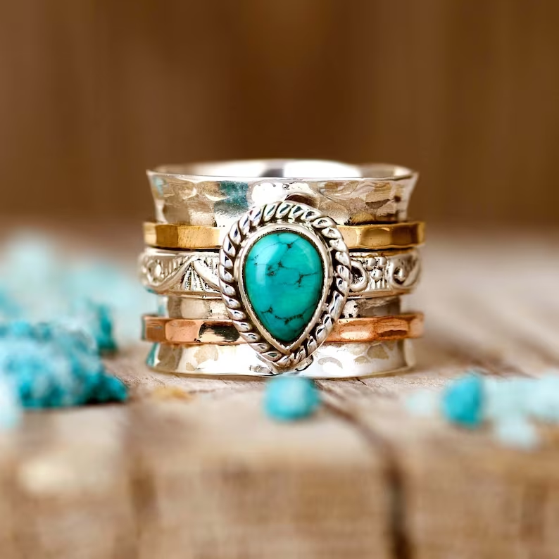 Oval Turquoise Statement Ring with Stacked Silver & Gold Bands