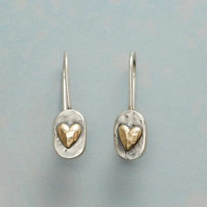Heart Drop Earrings with Hammered Silver and Gold-Tone Accent
