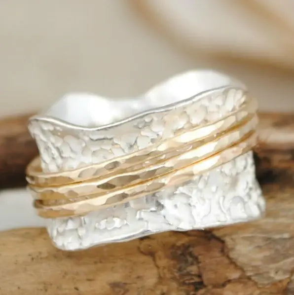 Hammered Silver-Tone Spinner Ring with Rotating Gold-Tone Bands