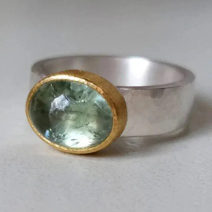 Green Cabochon Cocktail Ring with Silver Band and Gold-Tone Bezel