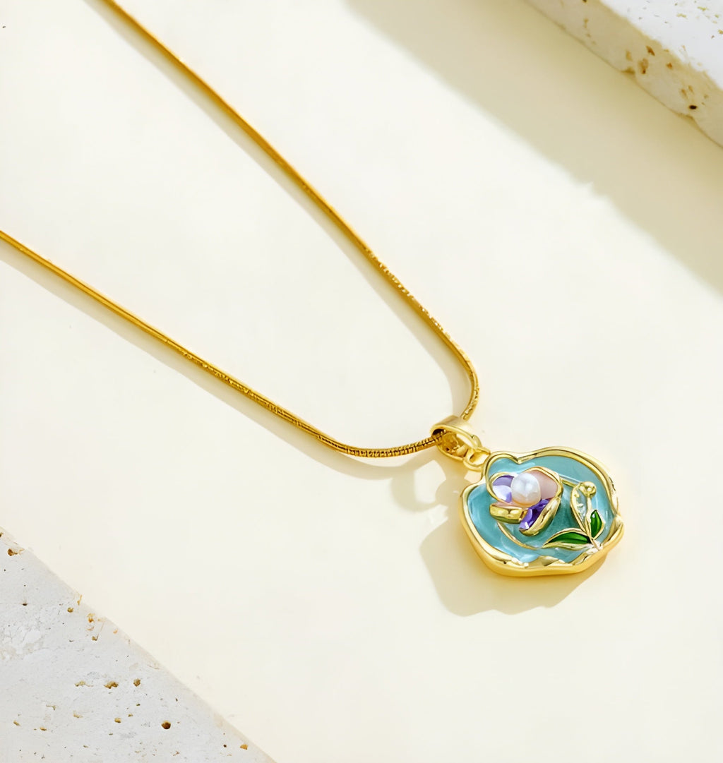 Gold-Tone Bee Pendant Necklace with Turquoise Enamel, Pearl Accent & Snake Chain