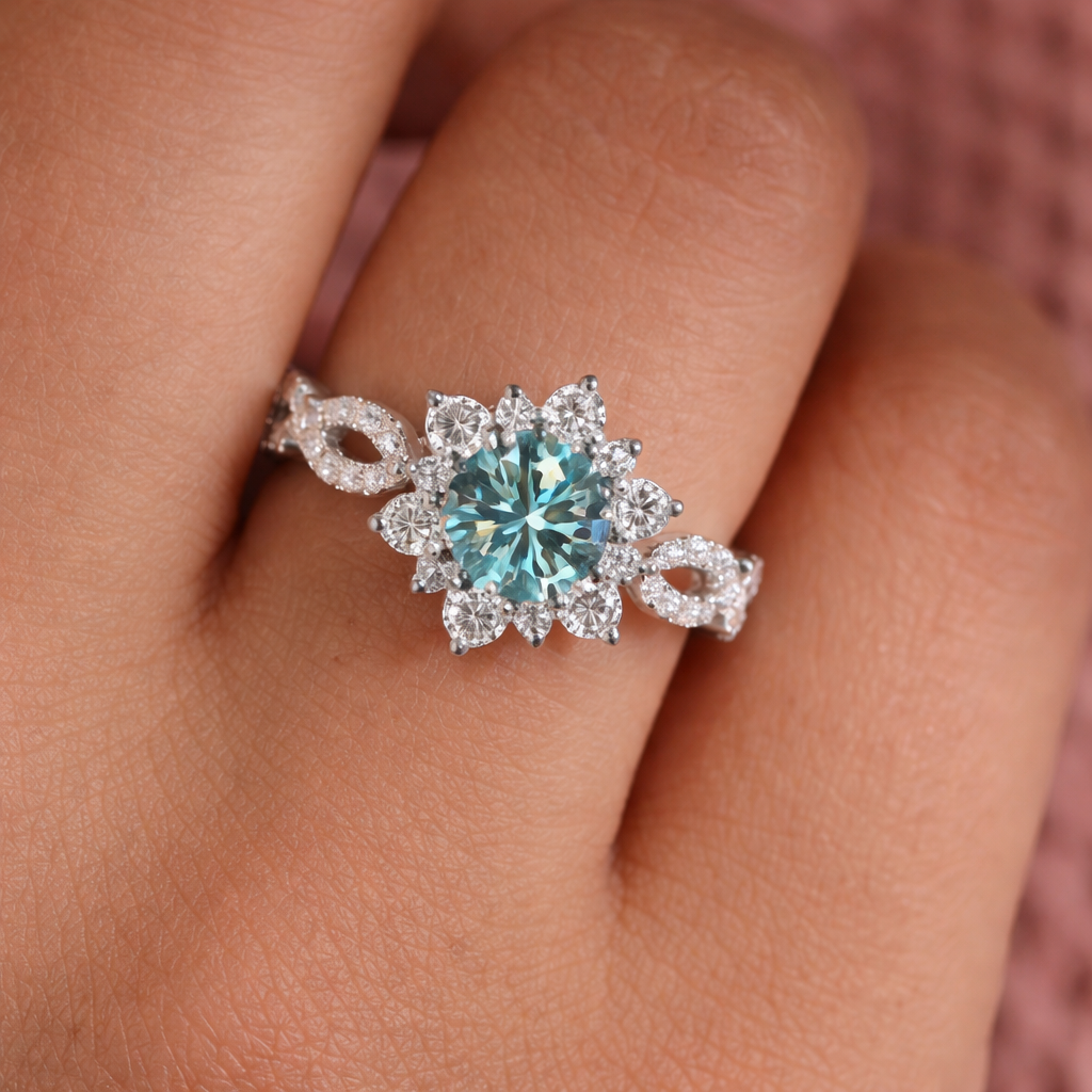 Teal Gemstone Halo Cocktail Ring with Floral Band Detail