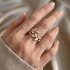 Botanical Leaf White Opal Ring with Adjustable Gold-Tone Band