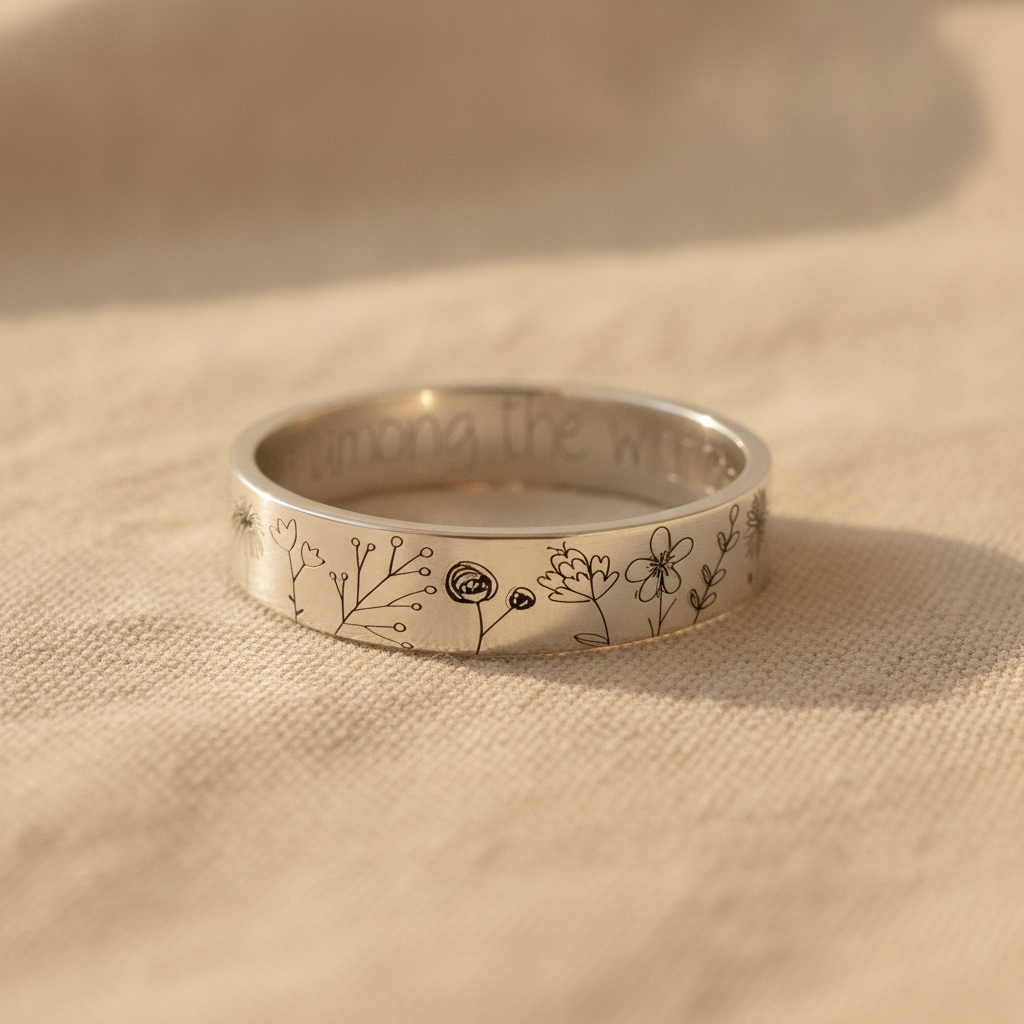 Dandelion Wildflower Engraved Wide Band Ring, Silver Tone