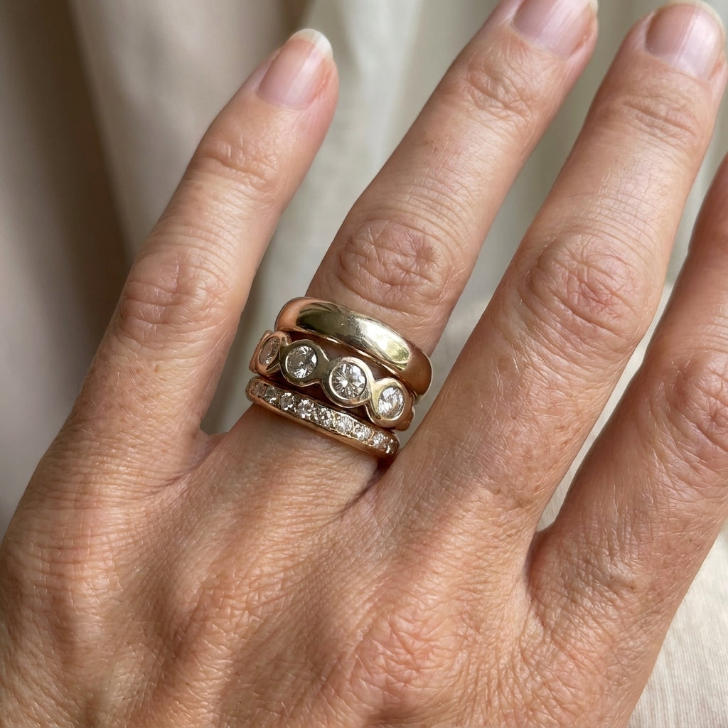 Stackable Brilliant-Cut Ring Set with Bezel and Pavé Accents in Rose Gold Tone