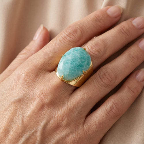 Amazonite Cabochon Statement Ring - Gold-Toned Cuff Band