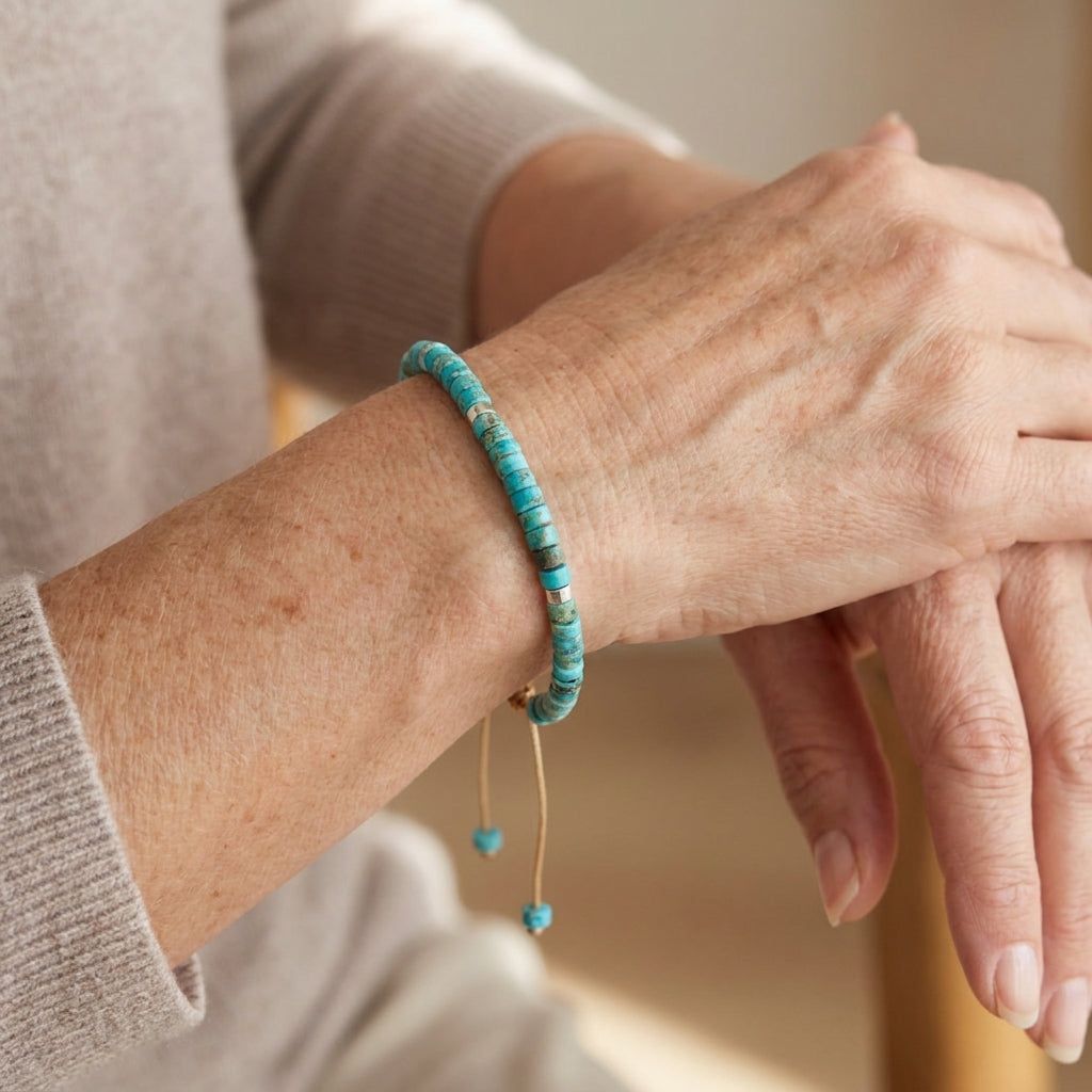 Turquoise Beaded Bracelet, Adjustable Cord, Gold-Tone Accents