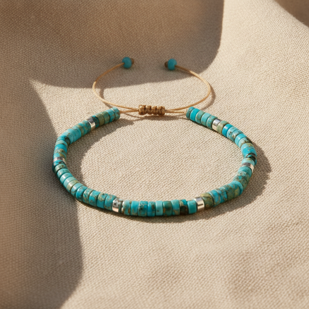 Turquoise Beaded Bracelet, Adjustable Cord, Gold-Tone Accents