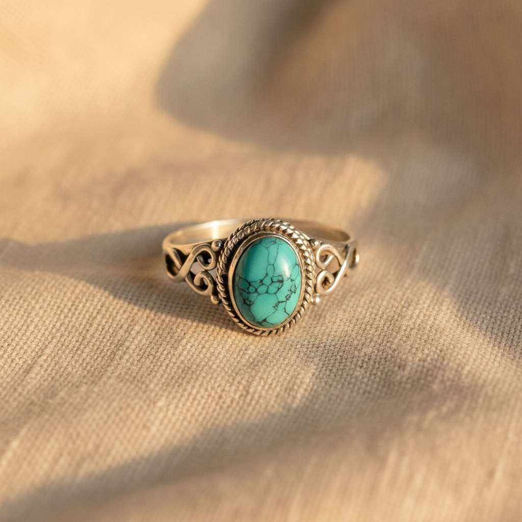 Sterling Silver Oval Turquoise Ring with Rope-Twist Bezel and Filigree Band
