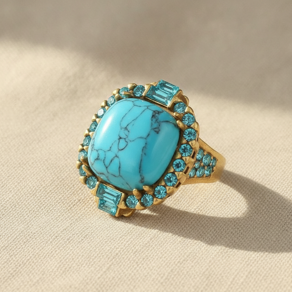 Art Deco Turquoise Cocktail Ring - Blue Topaz Halo, Antique Gold Tone