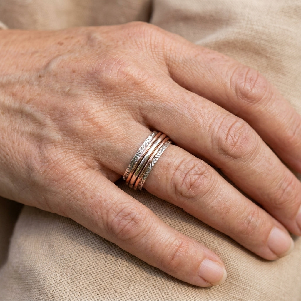 Vintage-Style Stacking Ring Set with Textured Bands in Silver and Copper Tone