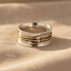 Wide Silver Spinner Ring with Gold-Tone Ball Bead Bands