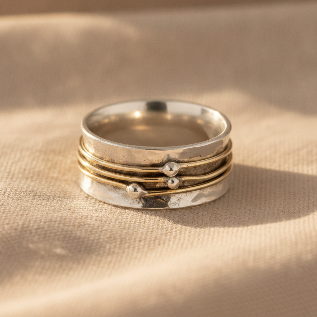 Wide Silver Spinner Ring with Gold-Tone Ball Bead Bands