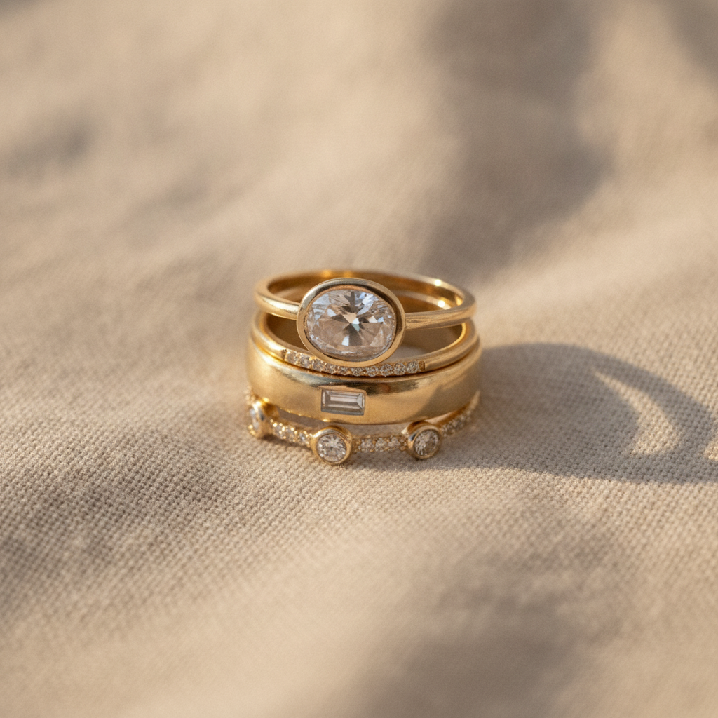 Vintage-Inspired Cubic Zirconia Stackable Ring Set, 4-Piece, Gold Tone