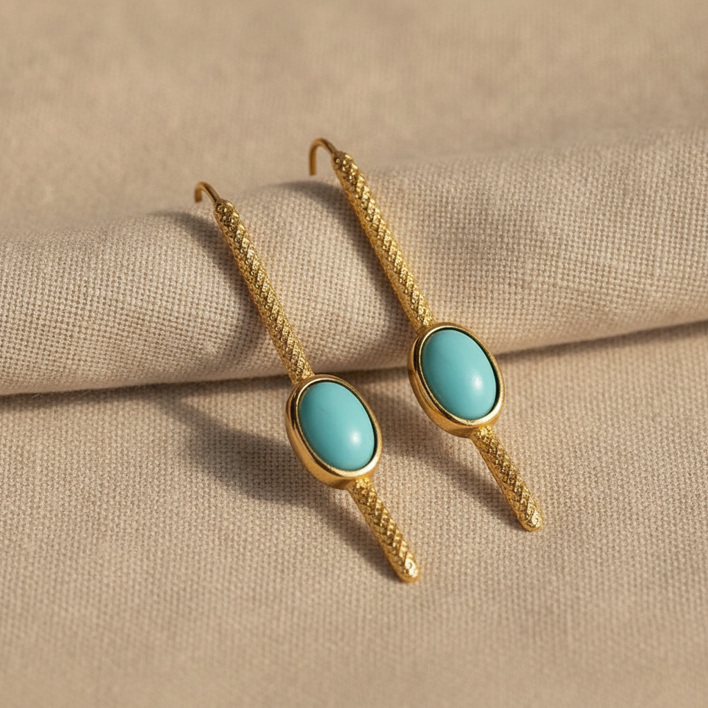 Turquoise Drop Earrings, Gold-Tone Bezel Setting, Textured Dangle Earrings for Women