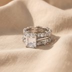 Emerald-Cut Clear Stone Cocktail Ring with Layered Silver-Tone Filigree Band