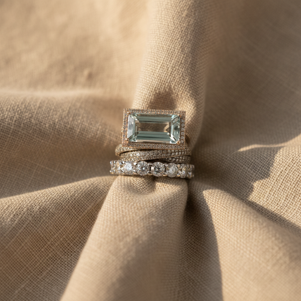 Rectangular Aquamarine-Tone Halo Ring Set, 3-Piece Art Deco Stacking Rings