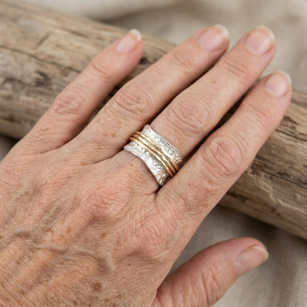 Hammered Silver-Tone Spinner Ring with Rotating Gold-Tone Bands
