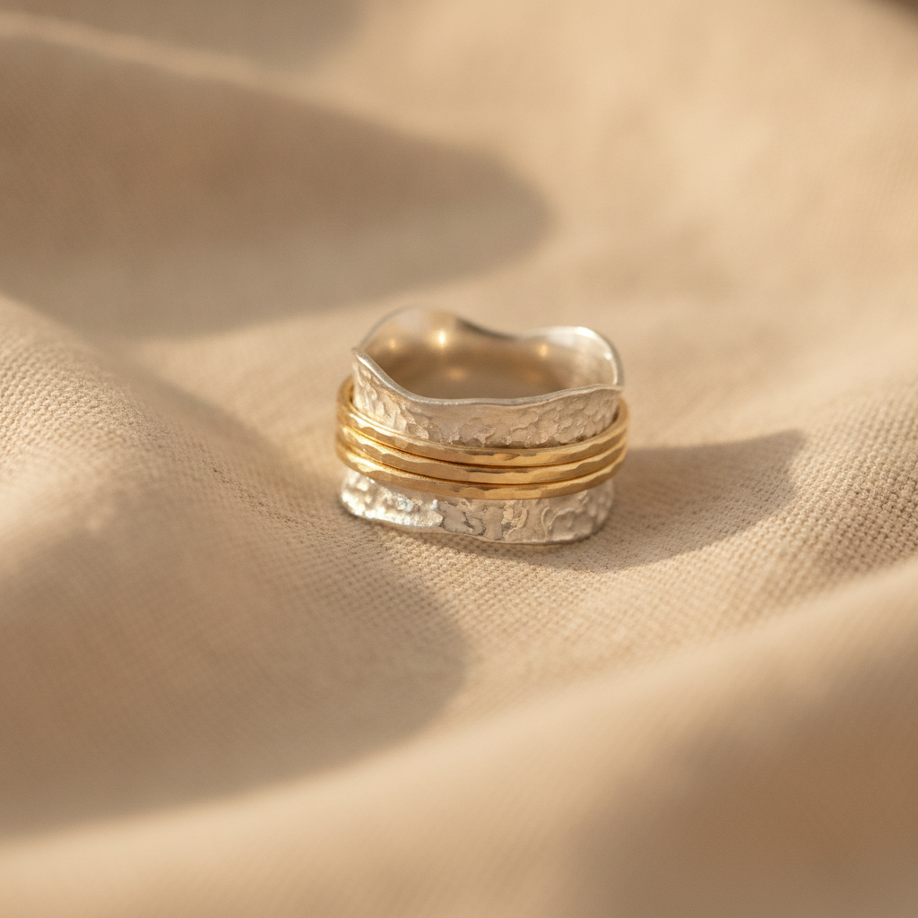 Hammered Silver-Tone Spinner Ring with Rotating Gold-Tone Bands