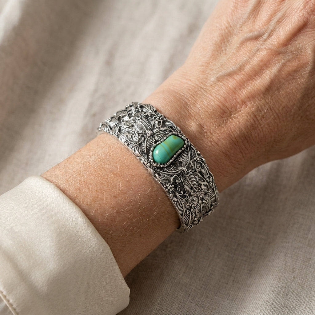 Turquoise Cuff Bracelet, Vintage Silver-Tone Filigree Design, Adjustable
