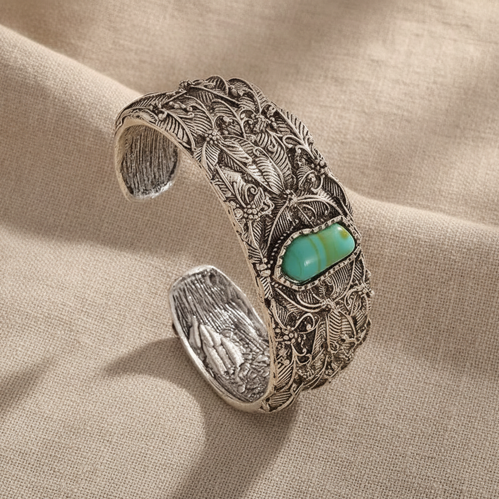 Turquoise Cuff Bracelet, Vintage Silver-Tone Filigree Design, Adjustable