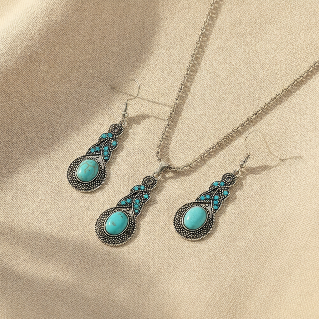 Turquoise Jewelry Set - Silver-Tone Filigree Necklace & Drop Earrings
