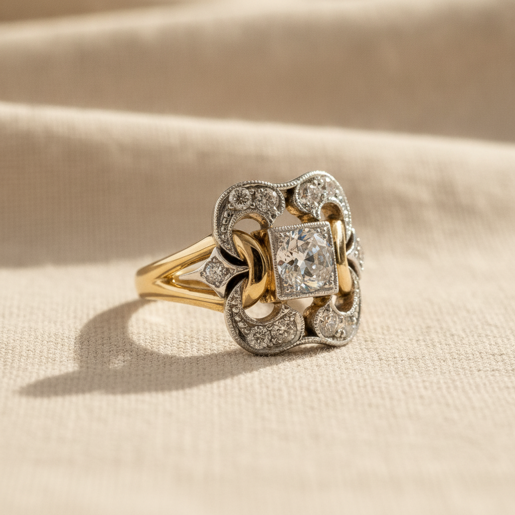 Vintage Cushion-Cut Zirconia Ring with Two-Tone Filigree Detail